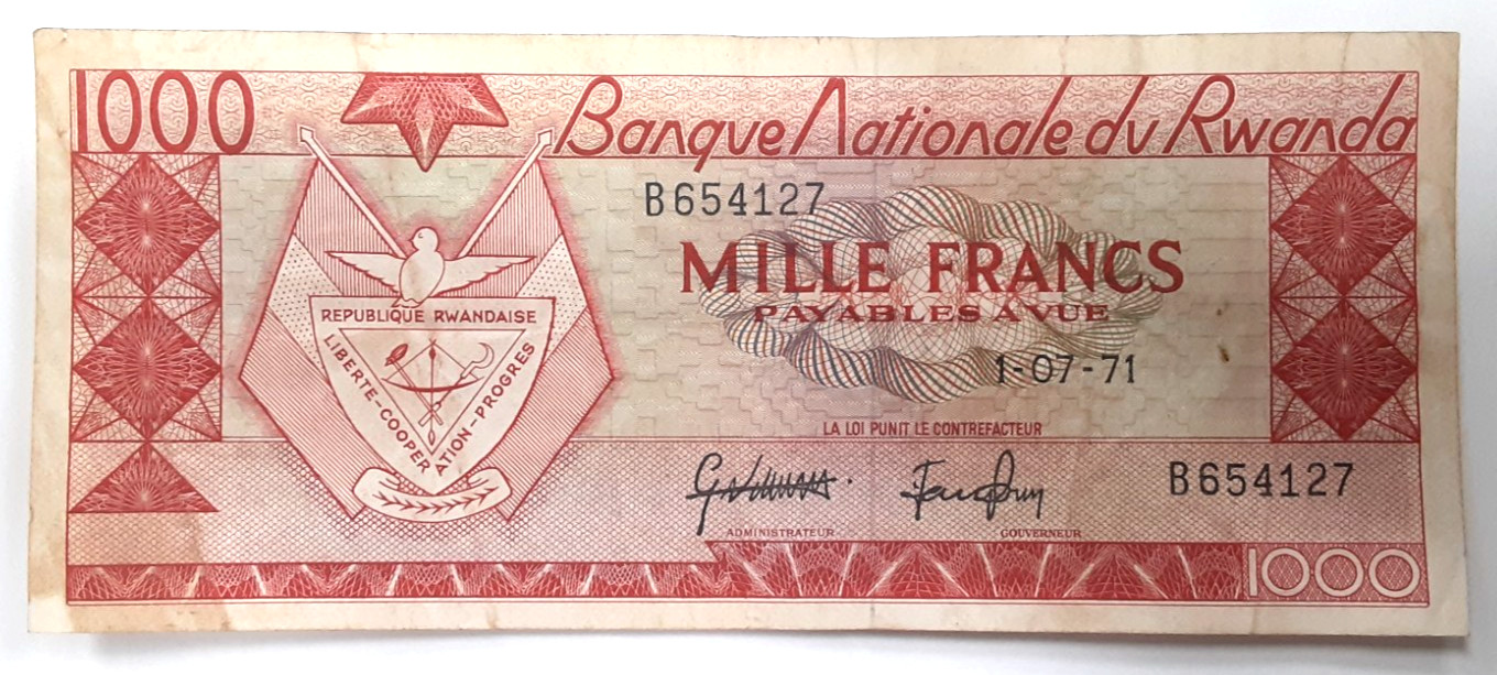 1971 Rwanda 1000 Francs Banknote-P#10b Very Fine w/Stains