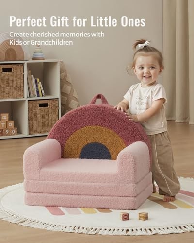 Foldable Toddler Couch, 2-in-1 Comfy Toddler Chair & Lounger for Blush Rainbow
