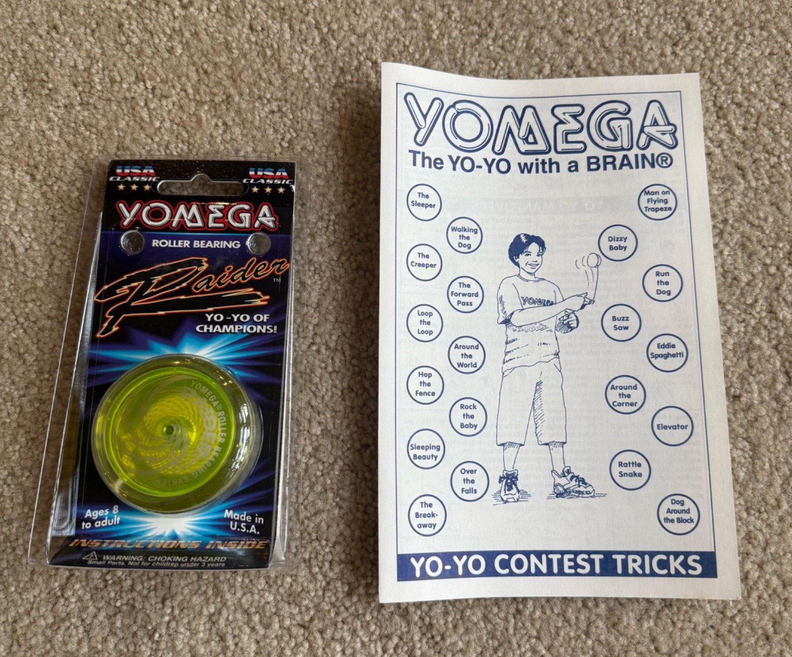NEW FACTORY SEALED VINTAGE YOMEGA RAIDER NEON YELLOW YO-YO + NEW TRICKS PAMPHLET