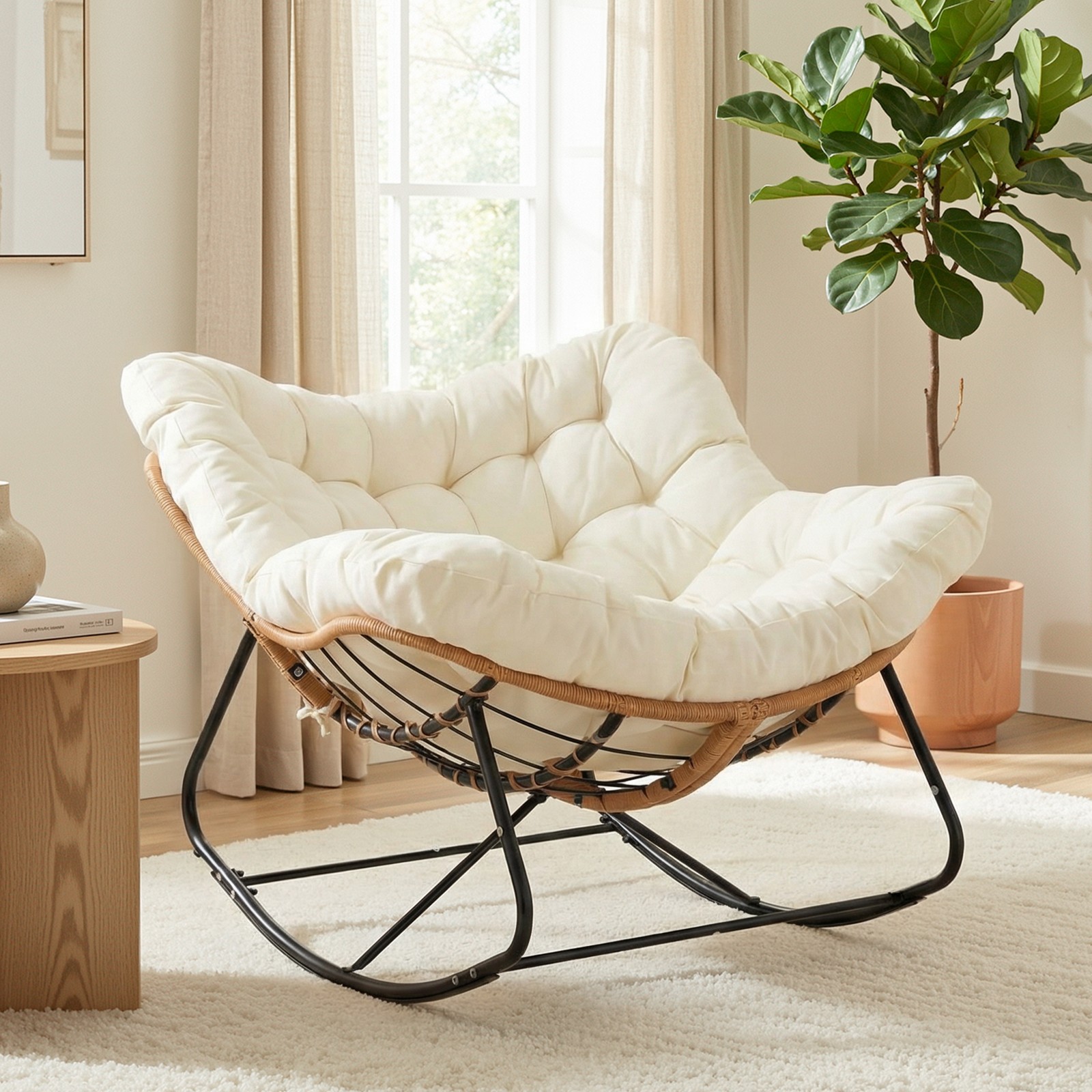 Papasan Rocking Chair, Indoor Outdoor Comfy Papasan Chair with Cushion for Porch