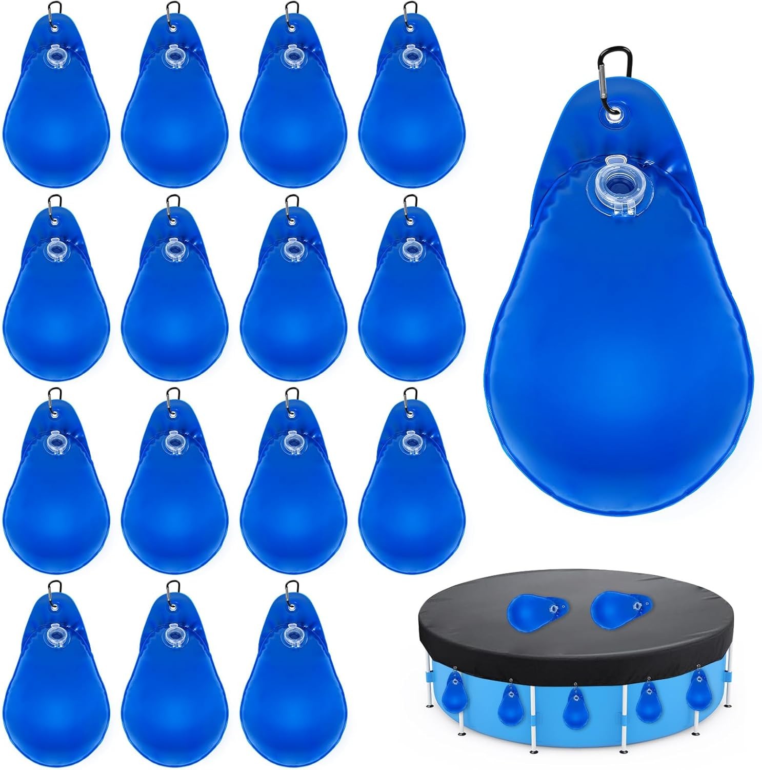 16 Pack Pool Cover Weights with Hooks, Thick PVC Pool Cover Water Bags, Antifree