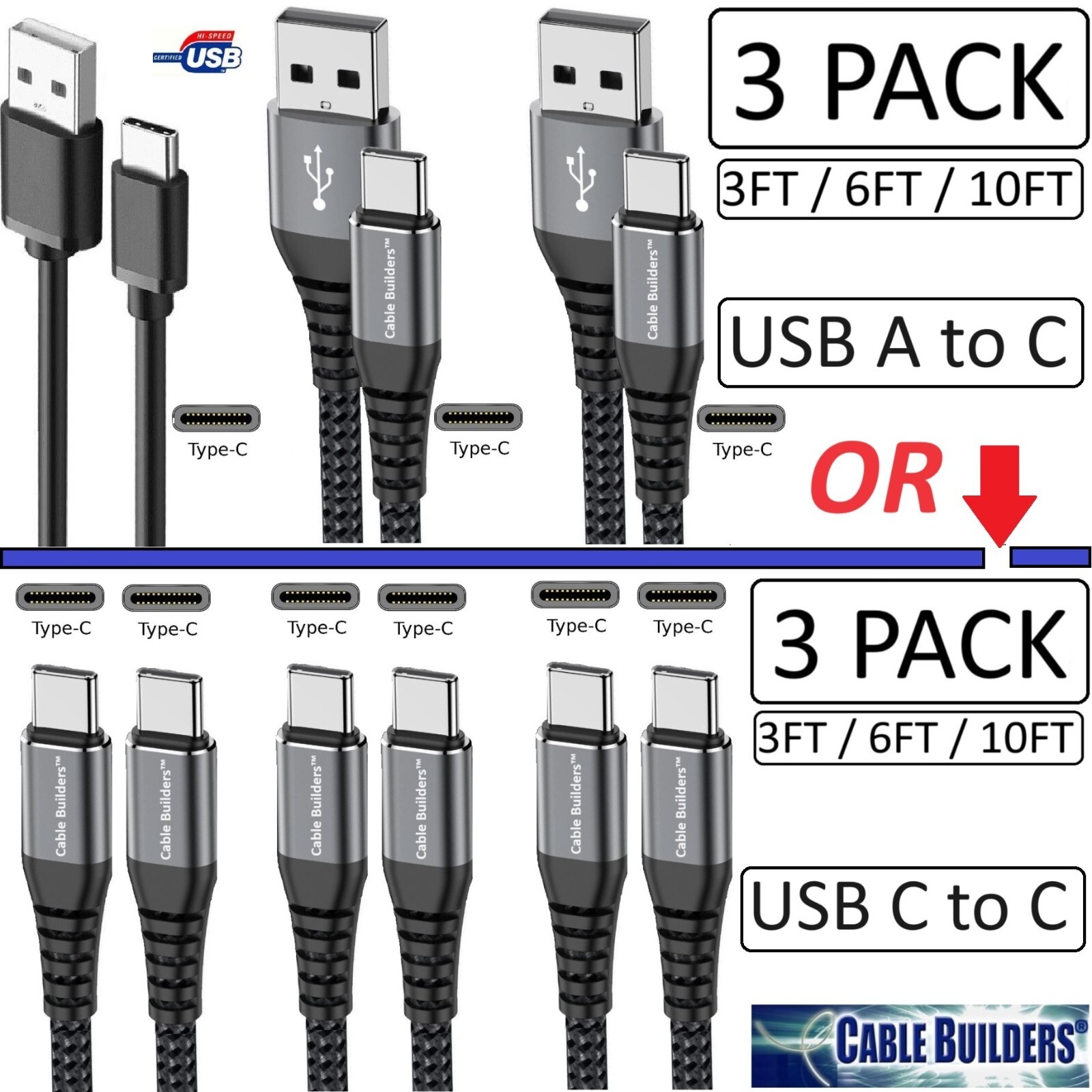 3-PACK USB C to C or A to C CABLE FAST CHARGE CORD 3/6/10FT for iPhone 15 16 SAM