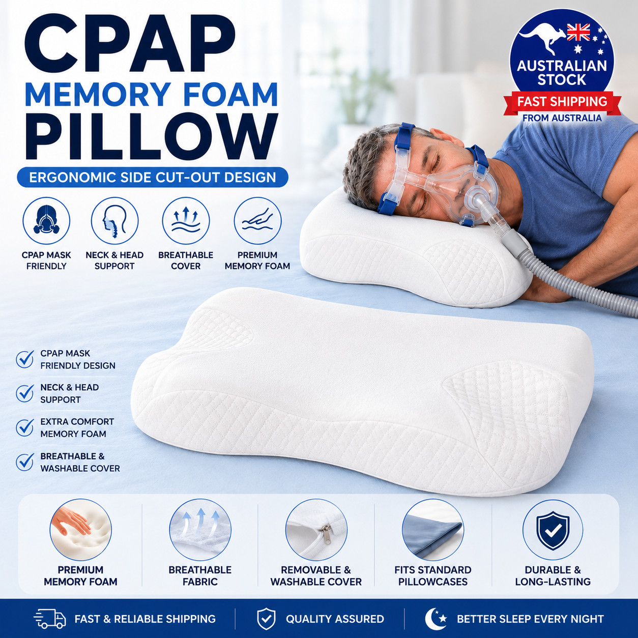 CPAP Contour Memory Foam Pillow Side Sleepers Neck Support Ergonomic Therapy AU