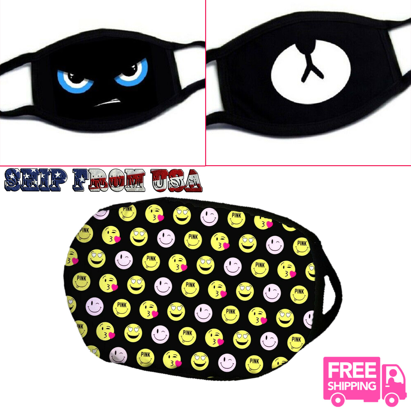 3 pcs Cute Emoji Mad Face Cartoon Bear Mouth Cotton Cloth Masks Face Mouth Cover