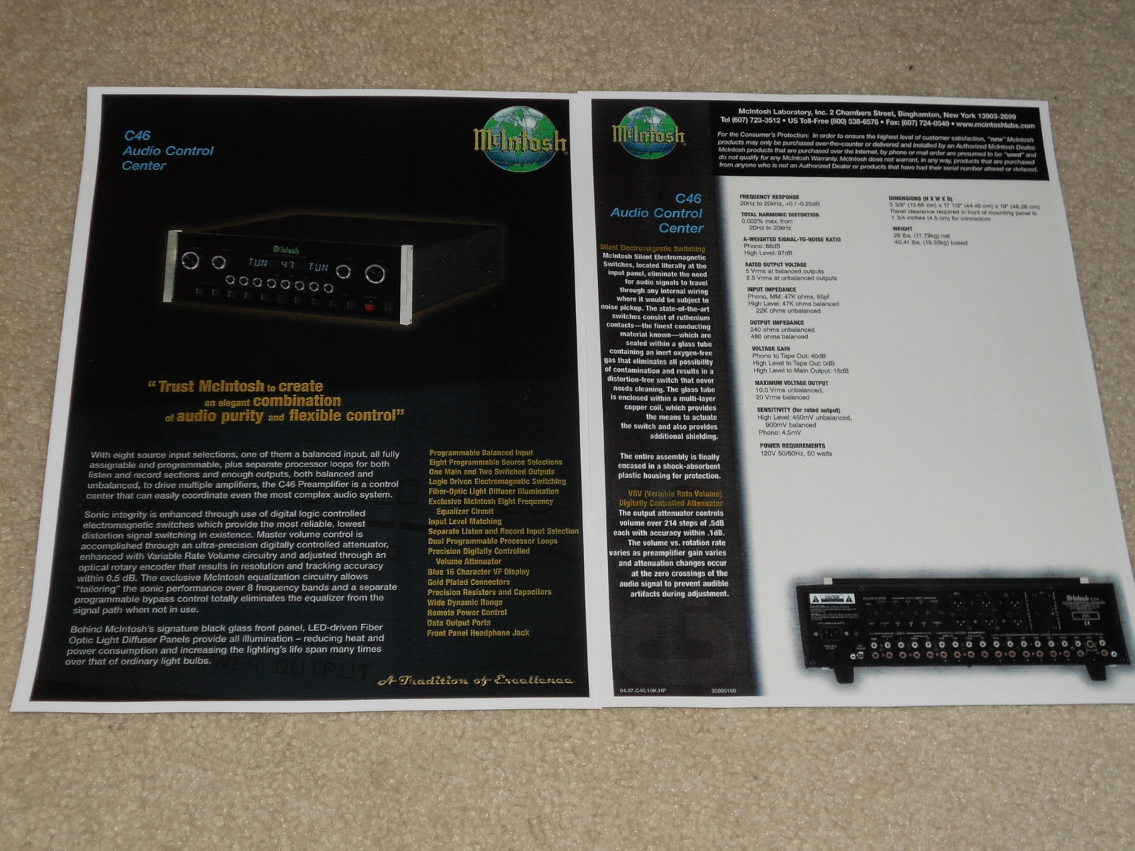 McIntosh C46 Preamp Brochure, 2005, 2 pgs, Specs, Features, Articles