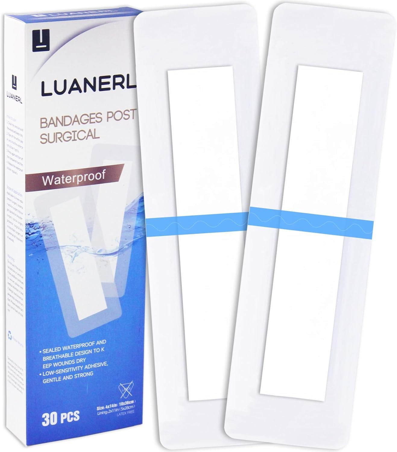 30 Pack 4"x14" Waterproof Adhesive Island Dressing for Post-Surgery 4x14