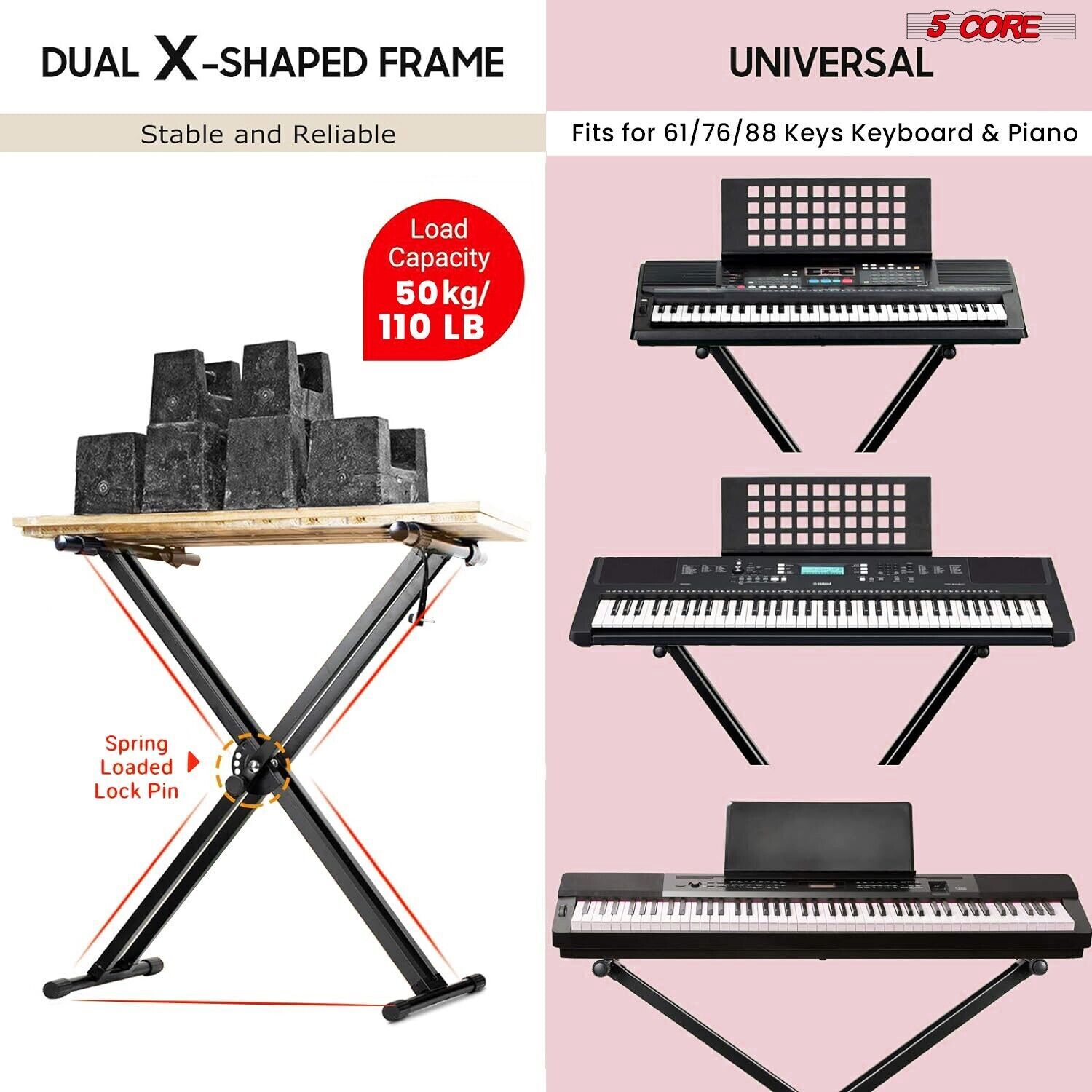 5Core Keyboard Stand Double X Style Adjustable Lift Piano Riser For 49 - 88 Keys