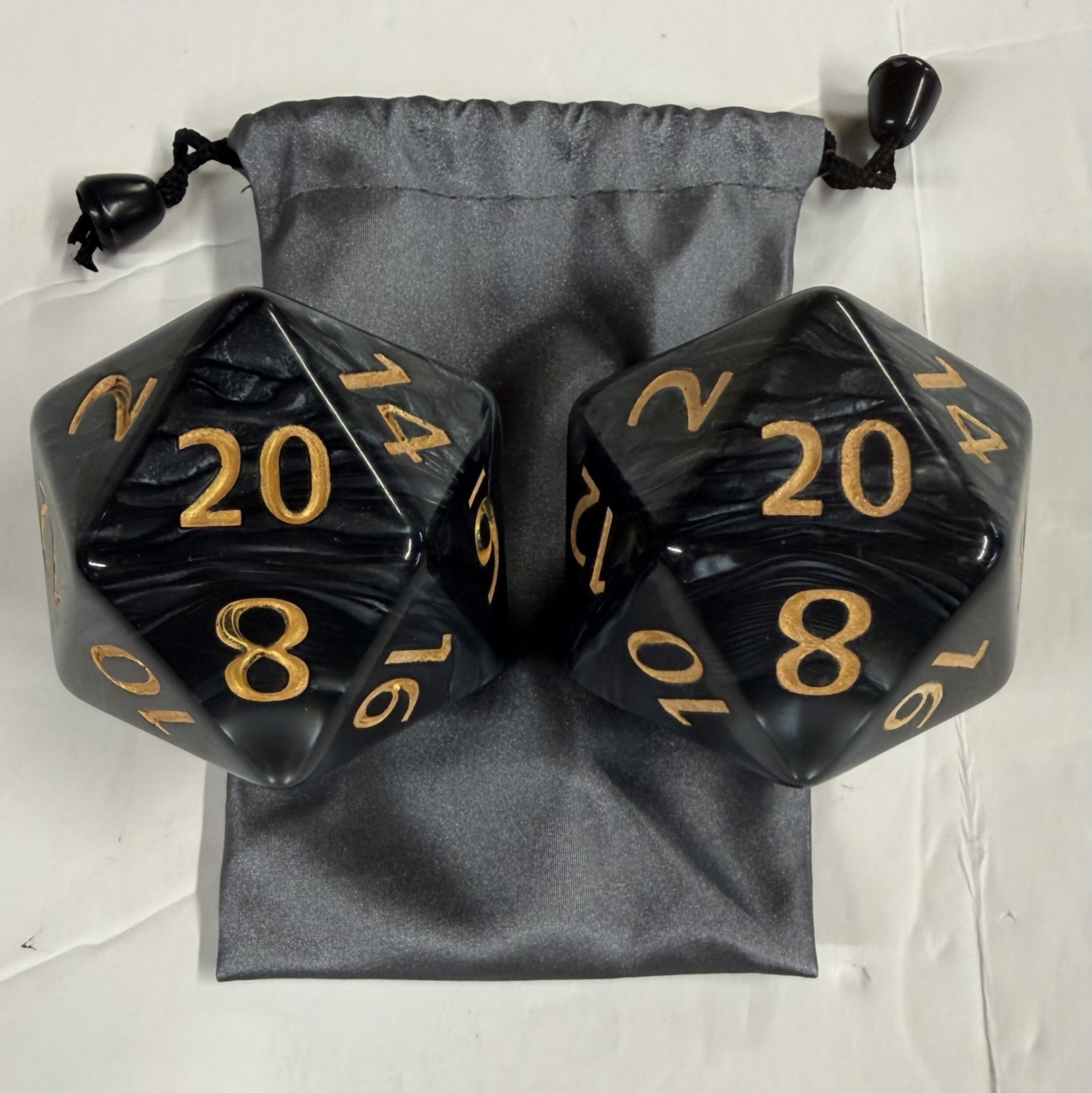 Lot of 2 - 55mm / 2.17” Giant D20 Dice, Gray, 20 Sided Resin Die, Storage Pouch