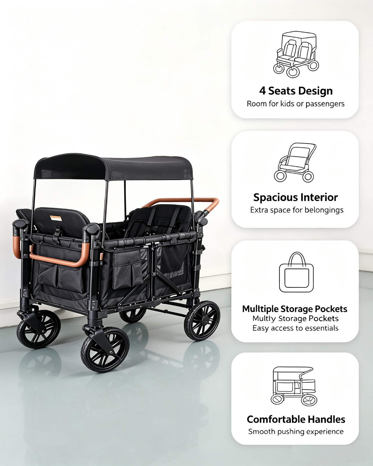 Wagon Stroller w/ Canopy, 4 seater Push Pull Quad Collapsible Stroller Black