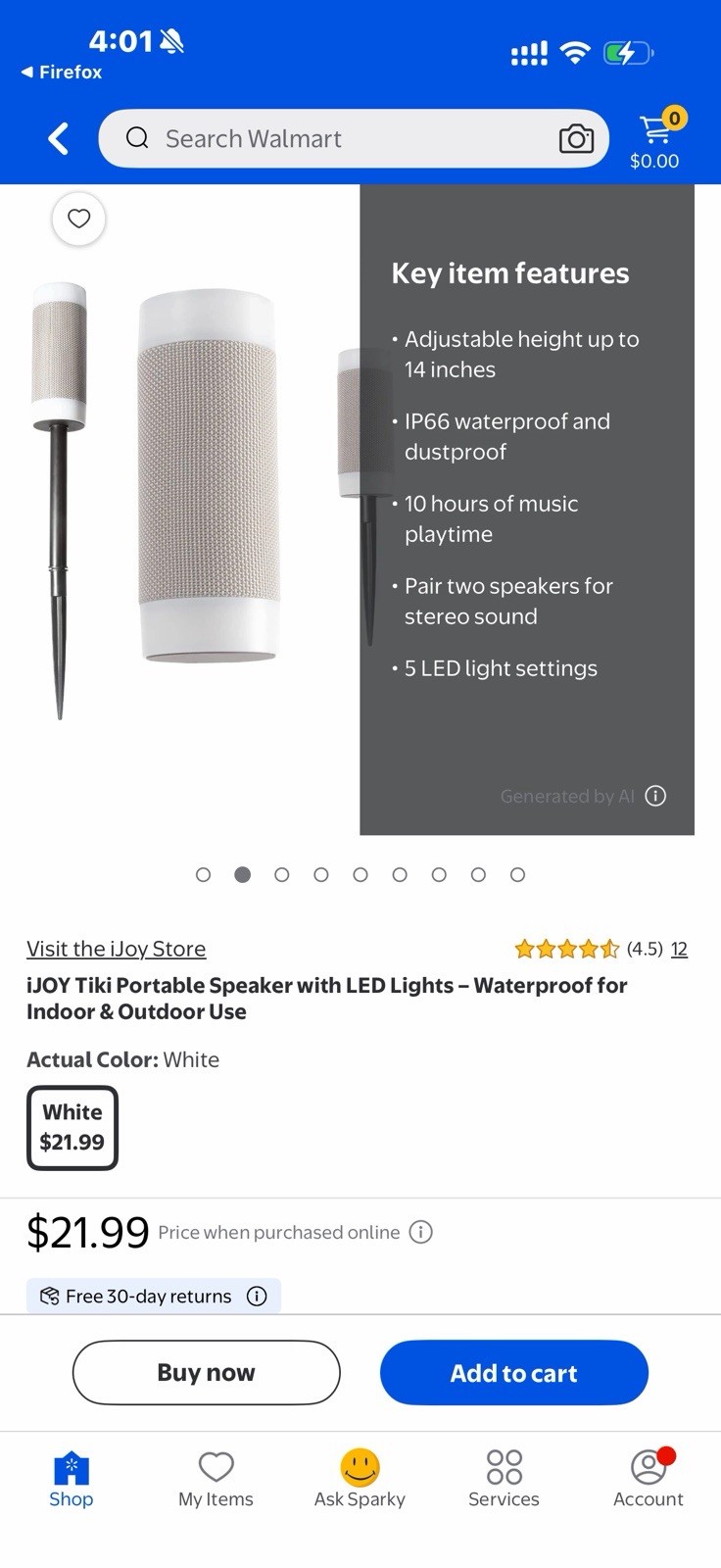 iJoy TIKI+ Bluetooth Waterproof LED Lighting Portable Speaker, White, Stake