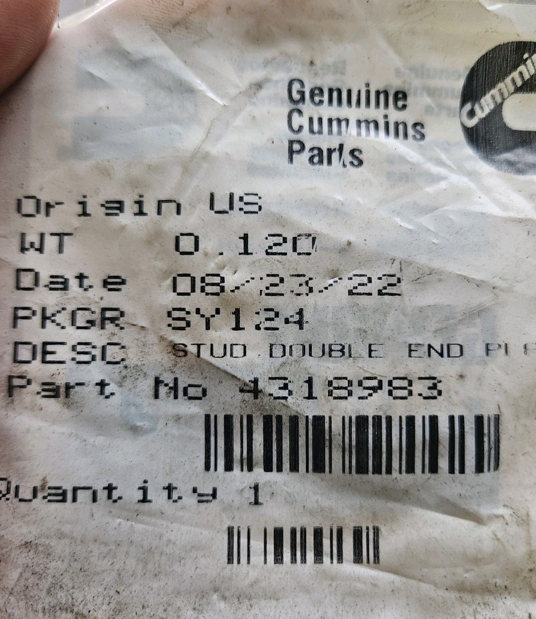 Cummins Double End Plain Stud 4318983 OEM NOS 4318983 OEM NOS FREE SHIPPING
