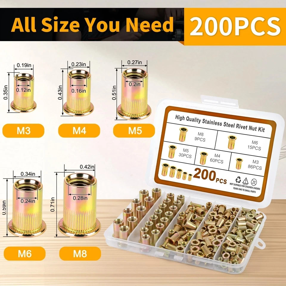 200PCS Metric Rivet Nut Kit M3 M4 M5 M6 M8 Rivnut Threaded Insert Assortment