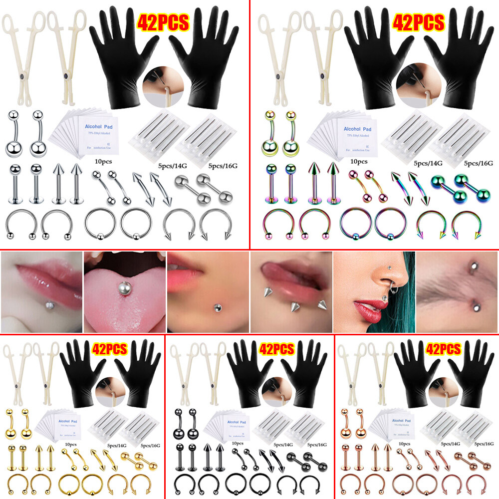 42 PCS 316L Steel Body Piercing Tool Kit Ear Nose Navel Nipple Needles Set Pro