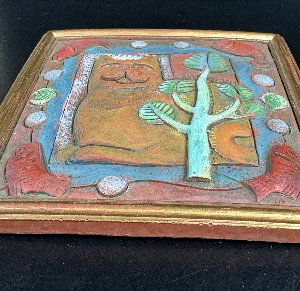 Vintage Cat Tile 3-D Art Atomic Mod Stamped By Maker Must See