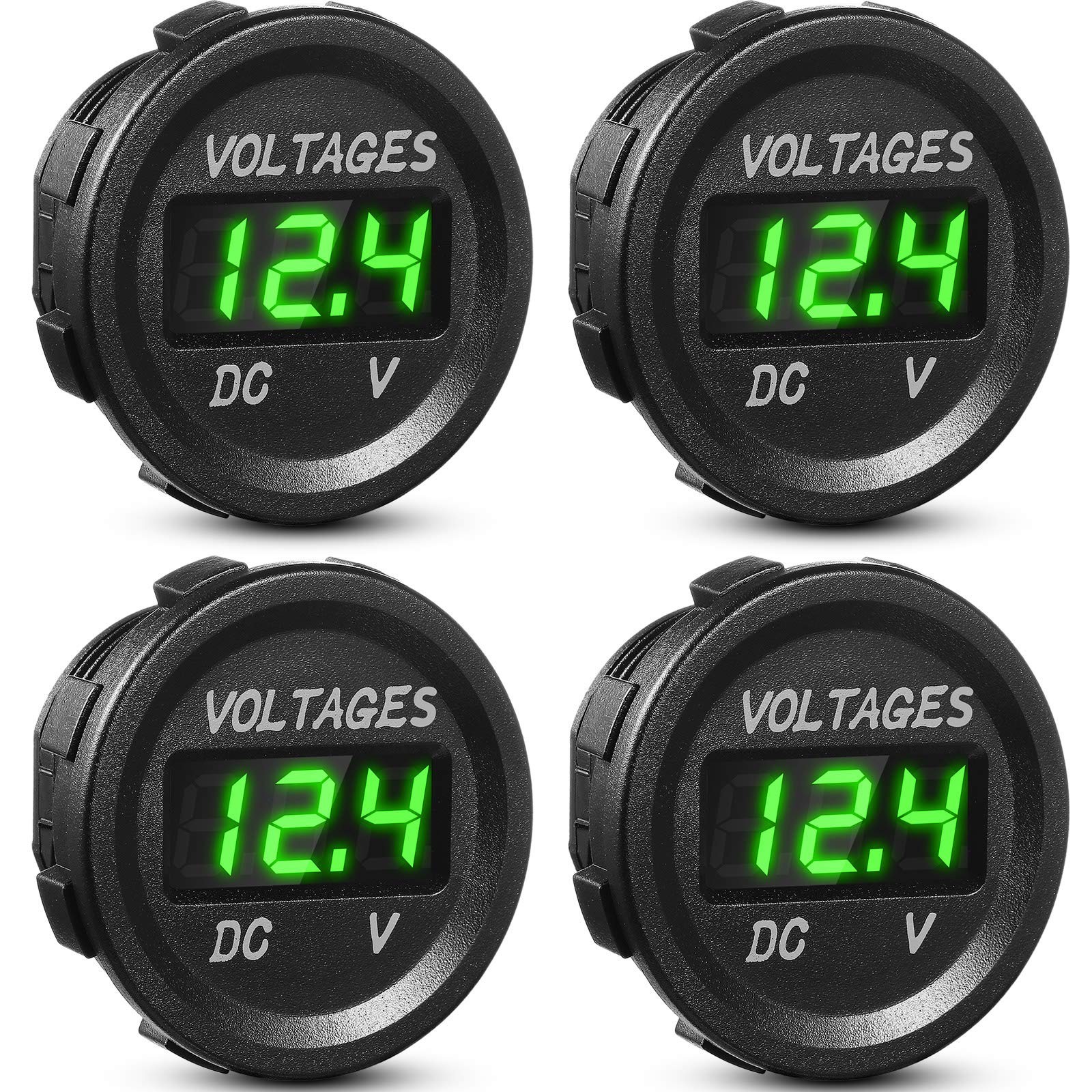Frienda 4 Pcs DC 12V Voltmeter Gauge Car LED Digital Display Round Green