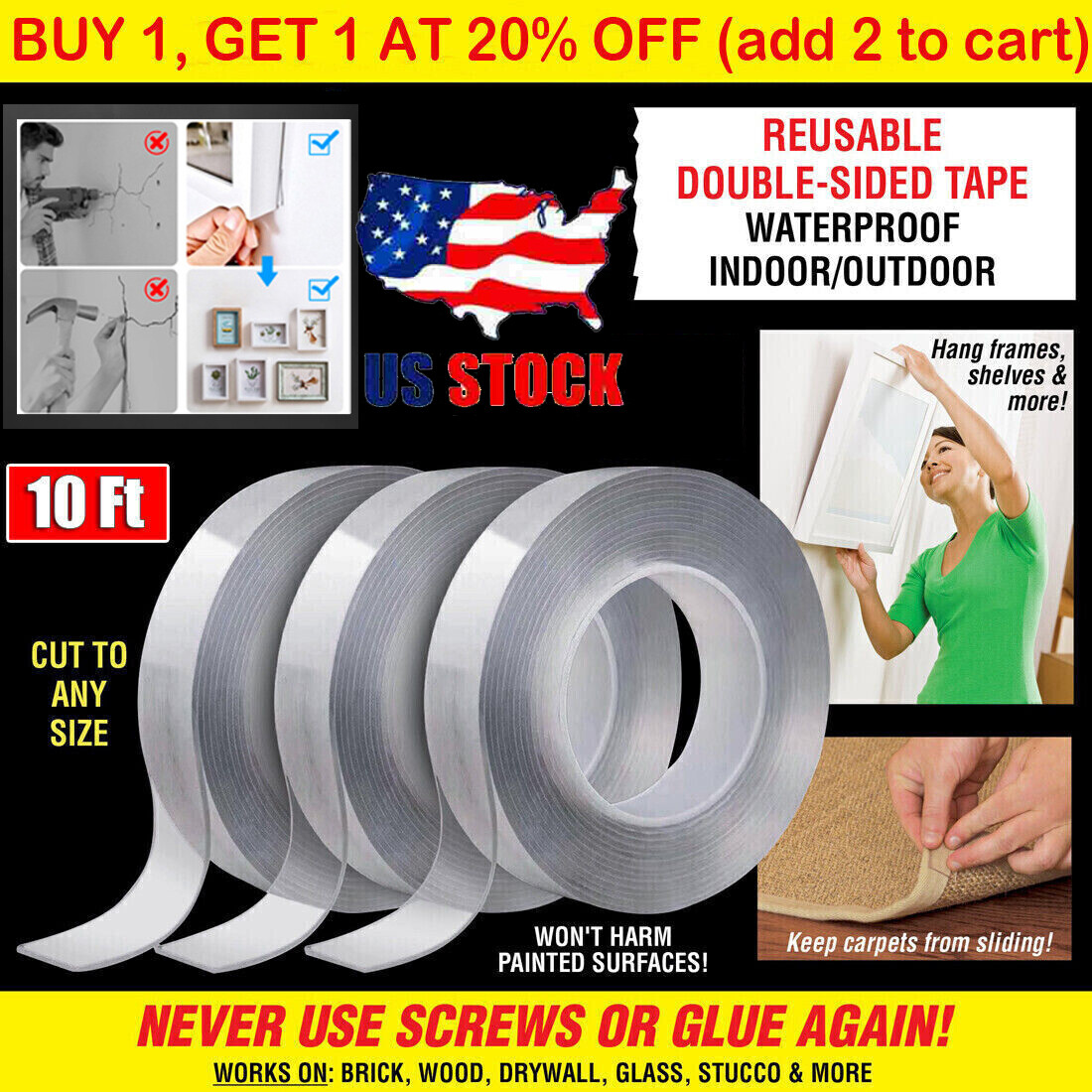 3PC Tape Double Sided Adhesive Removable Heavy Duty Invisible Mounting USA