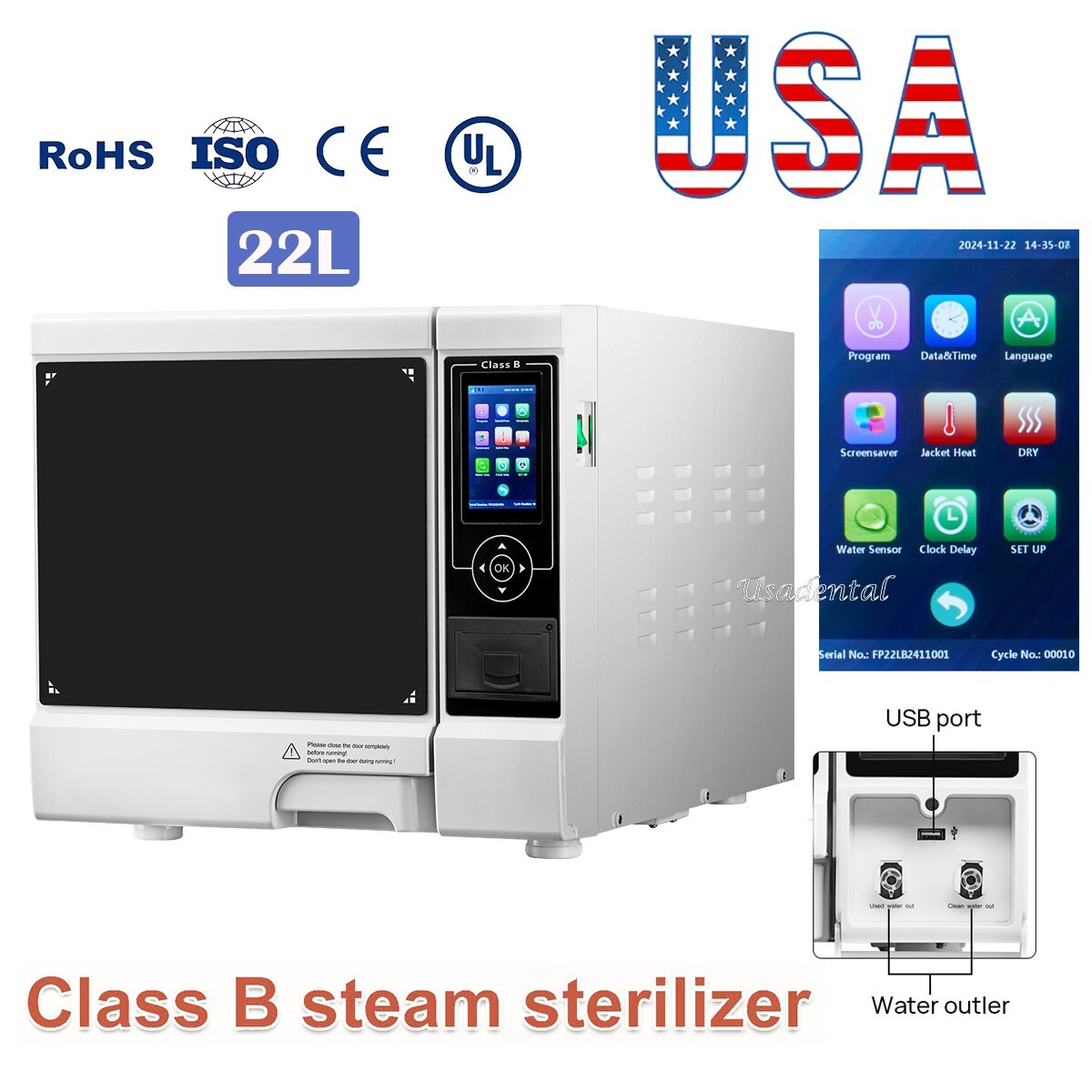 Autoclave Dental de 22L - Esterilizador de Vapor Clase B con Vacío y Secado