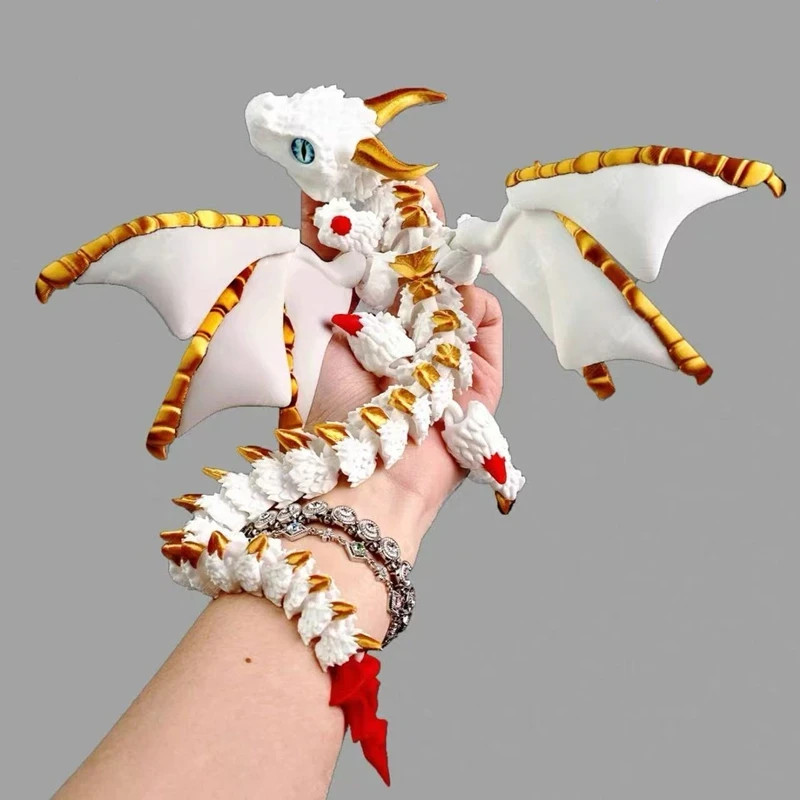 New 3D Printed Articulated white Dragon with Wings Fidget Model Desk Ornament Gi