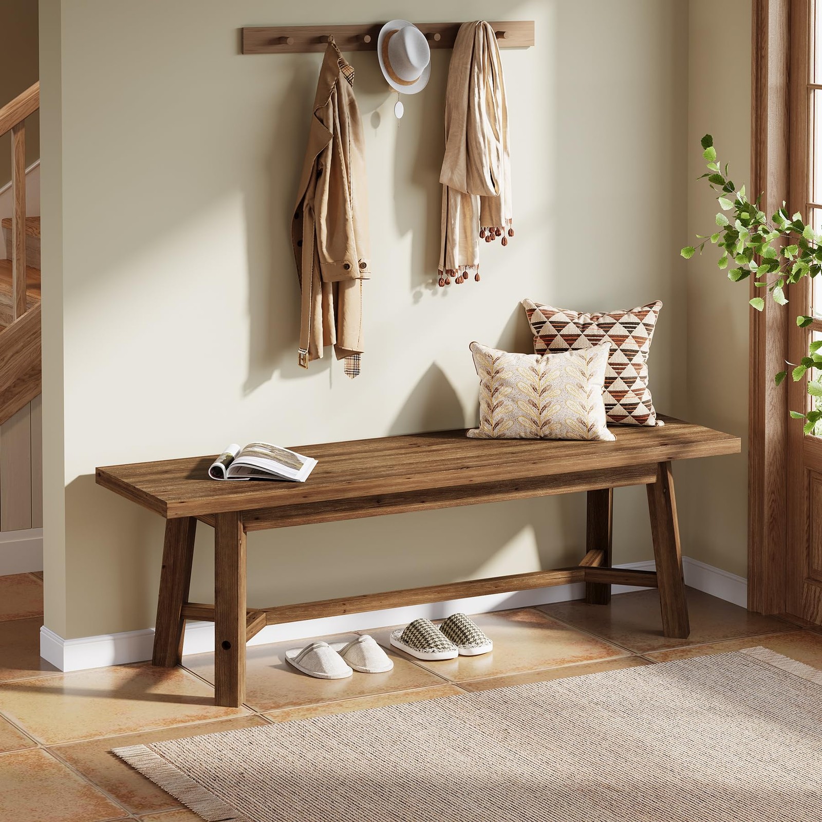 55" Solid Wood Farmhouse Bench Dark Brown
