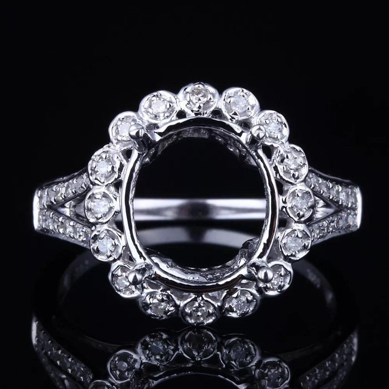10x9mm Oval Semi Mount Women Ring 925 Sterling Silver Vintage Cluster Halo Ring
