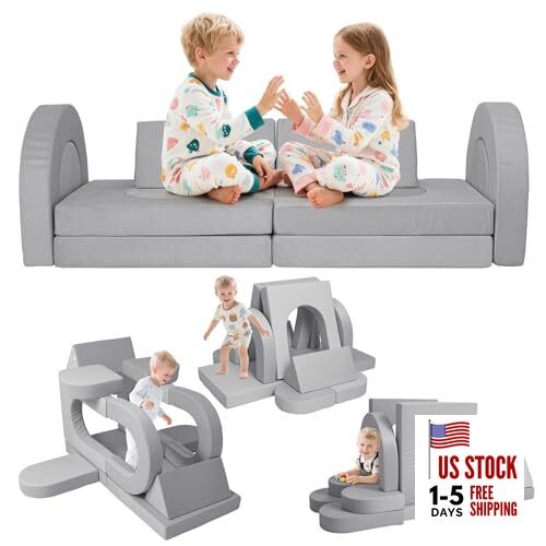 12 Pcs Modular Kids Play Couch, Toddler Couches That Fold Out, Plush 07 Grey