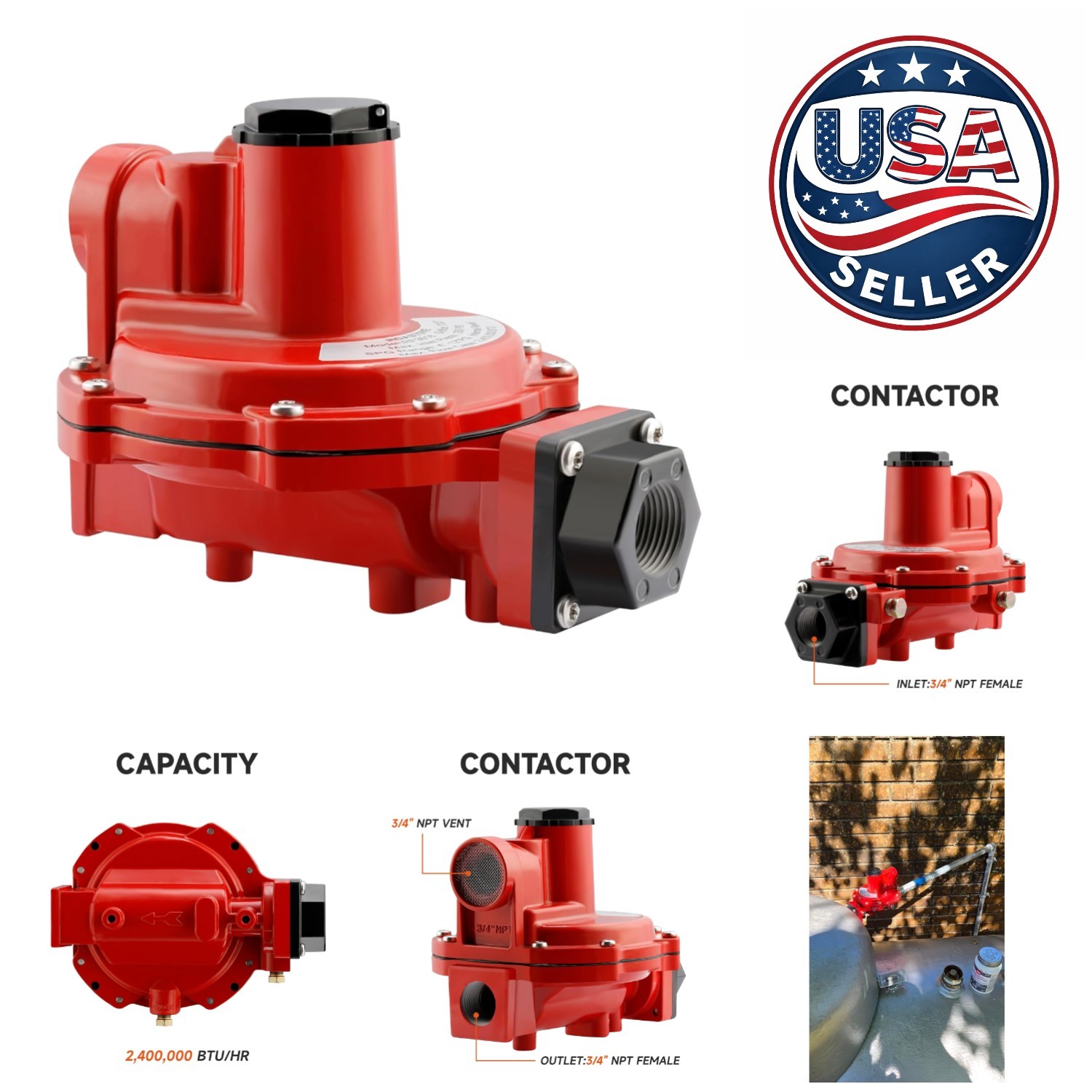 High Capacity LP-Gas Regulator R622H-DGJ, 250 psig Max, Durable Steel/Brass