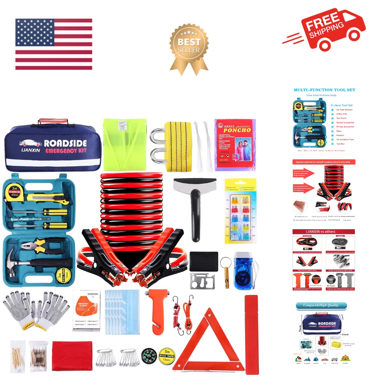 Roadside Assistance Emergency Kit - Car Emergency Kit with Jumper Cables Upgr...