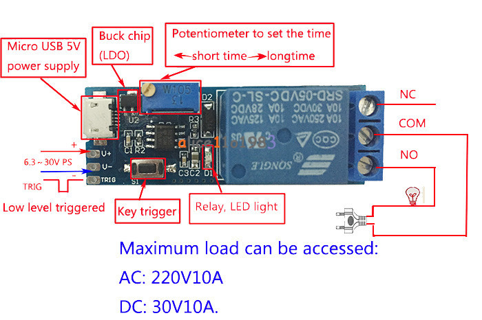 10PCS 5-30V Micro USB Power Trigger Delay relay Timer control switch module