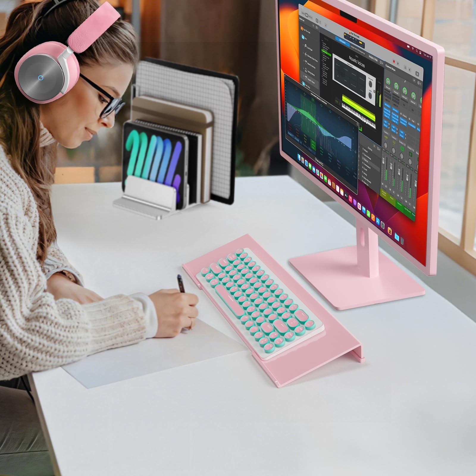 17 inch Pink Acrylic Ergonomic Computer Keyboard Stand Riser for Desk Tilted
