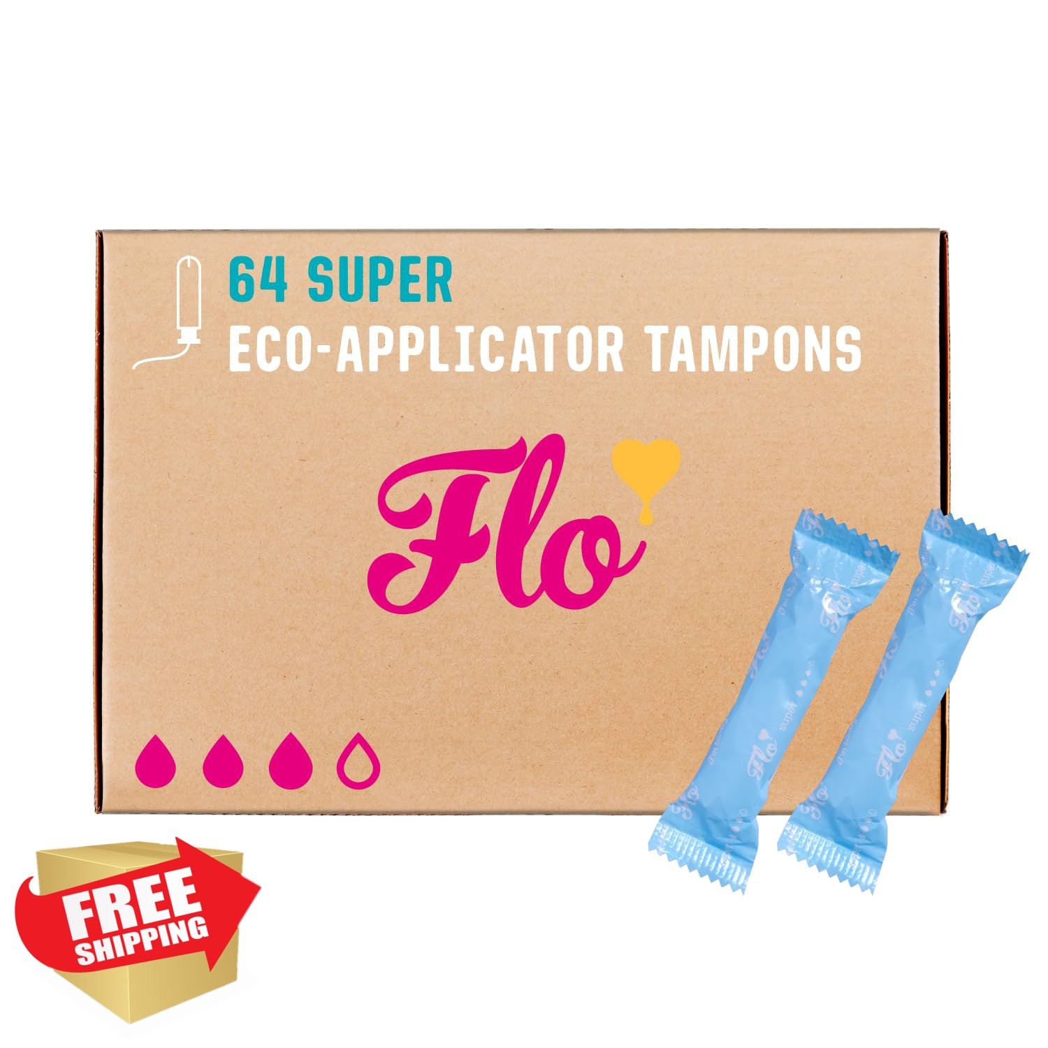 Flo Organic Cotton Tampons Super 64 Pack Bio-Plastic Applicator