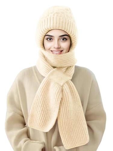 Integrated Ear Protection Windproof Cap Scarf Elastic Knitting Thick Beige