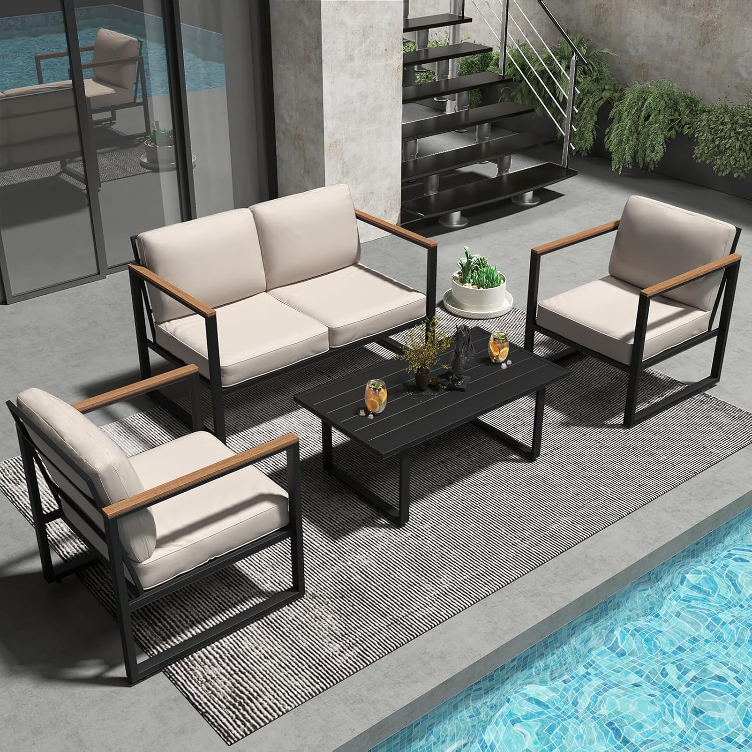 4 Piece Outdoor Patio Furniture, Metal Conversation Set with Coffee Table