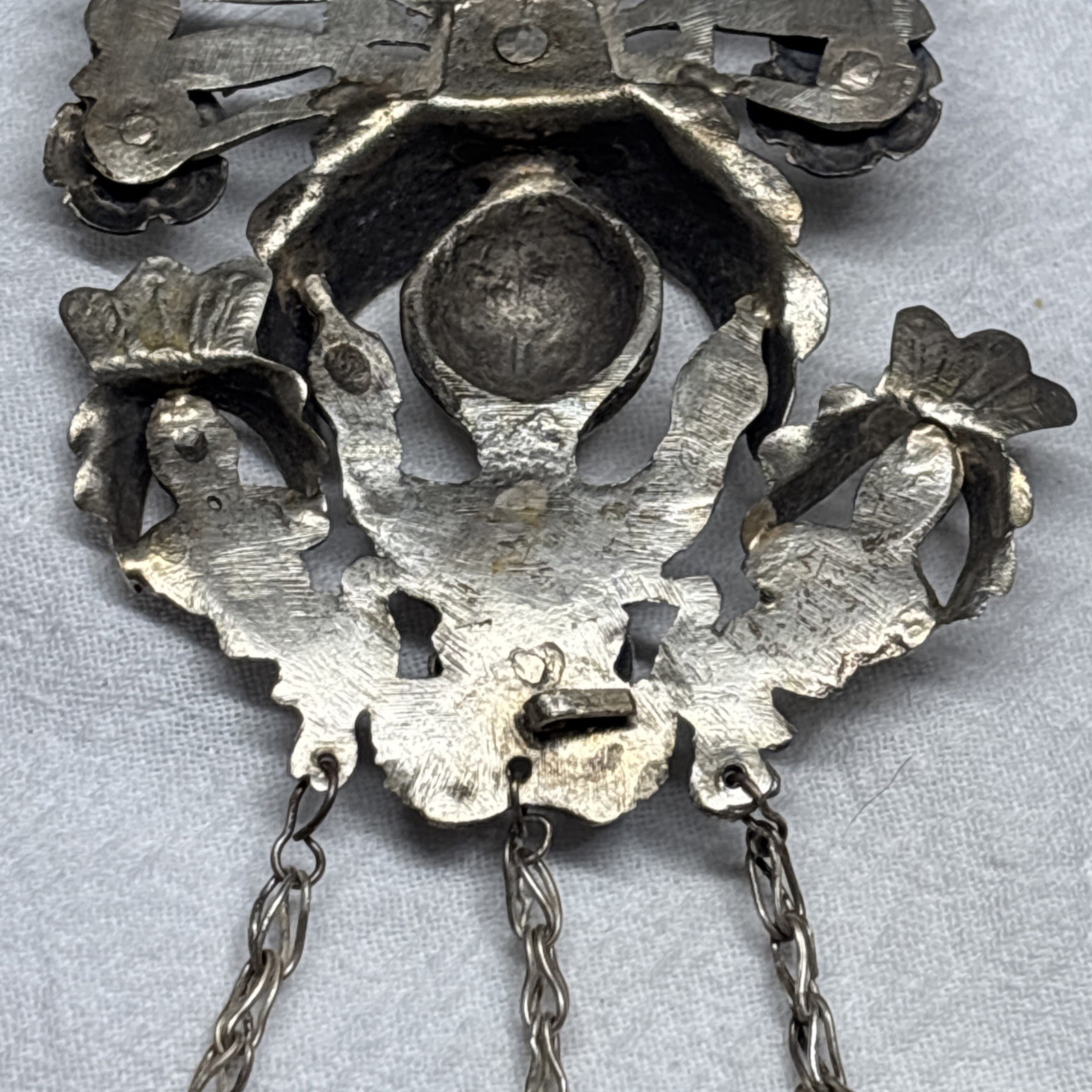 Vintage Peruvian Peacock Tupo Shawl Brooch w/Dangling Fish, Pot, Pitcher.