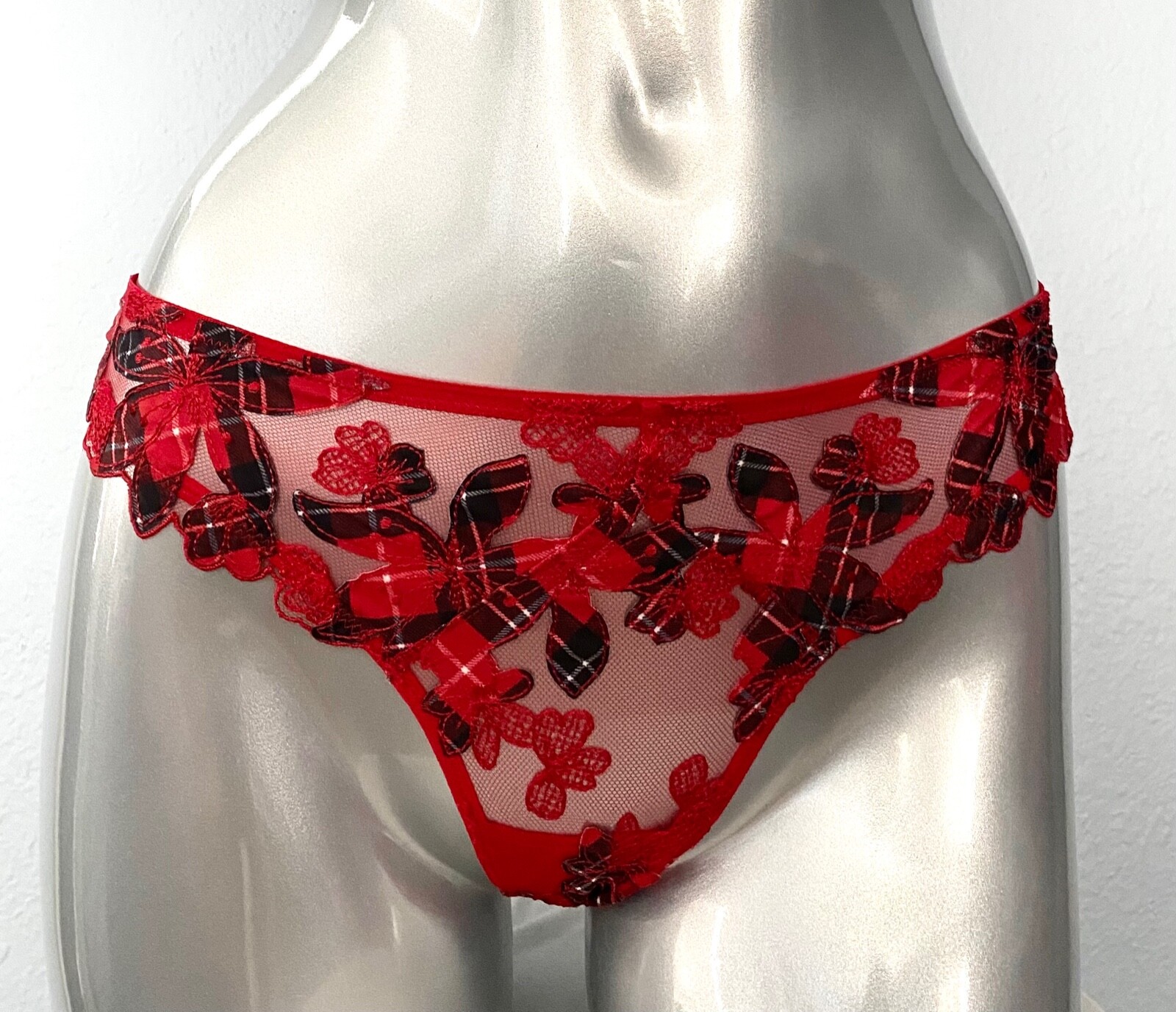 Victoria's Secret Thong Panty Very Sexy Red Plaid Mesh Floral Appliqué XS S M XL