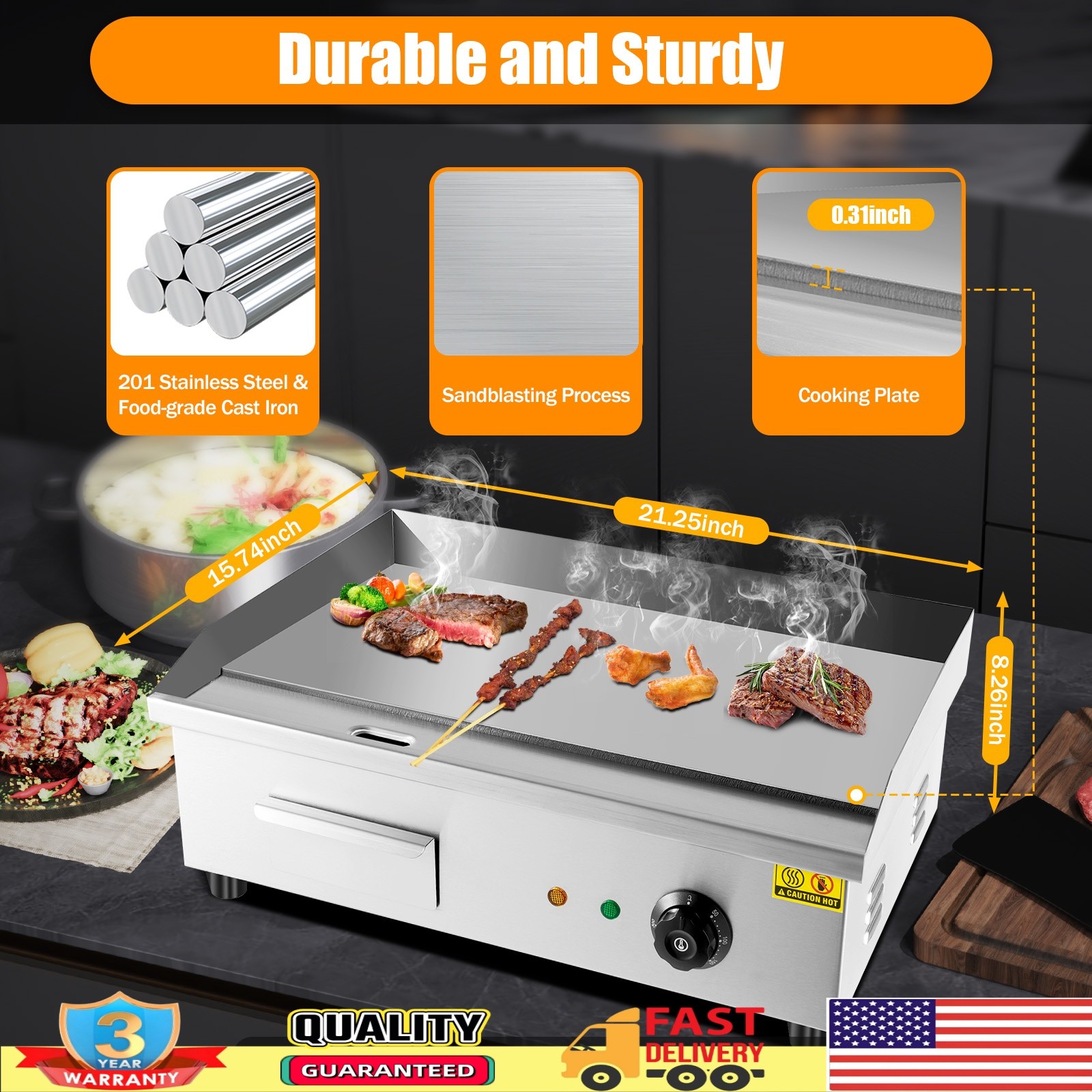 22" 3000W Commercial Electric Countertop Griddle Flat Top Grill Hot Plate BBQ