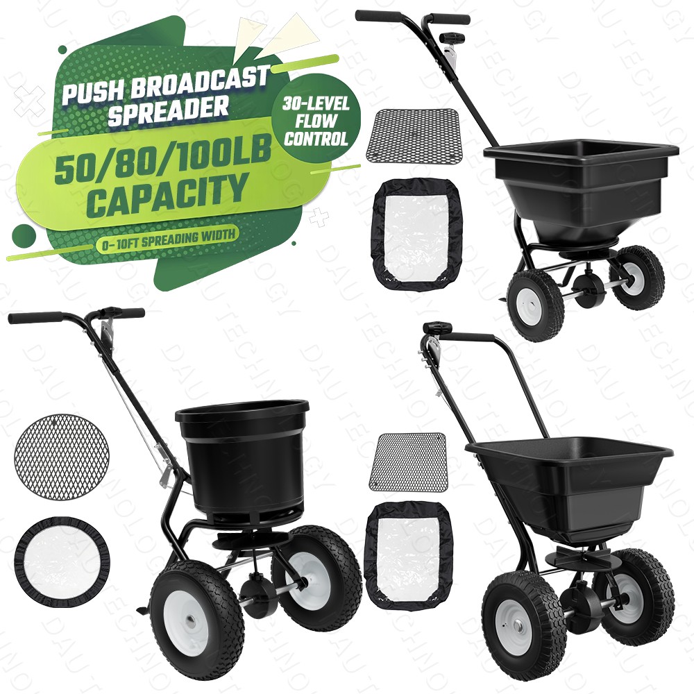 50/80/100LBS Fertilizer Spreader Walk-Behind Push Broadcast Spreader w/ T-Handle