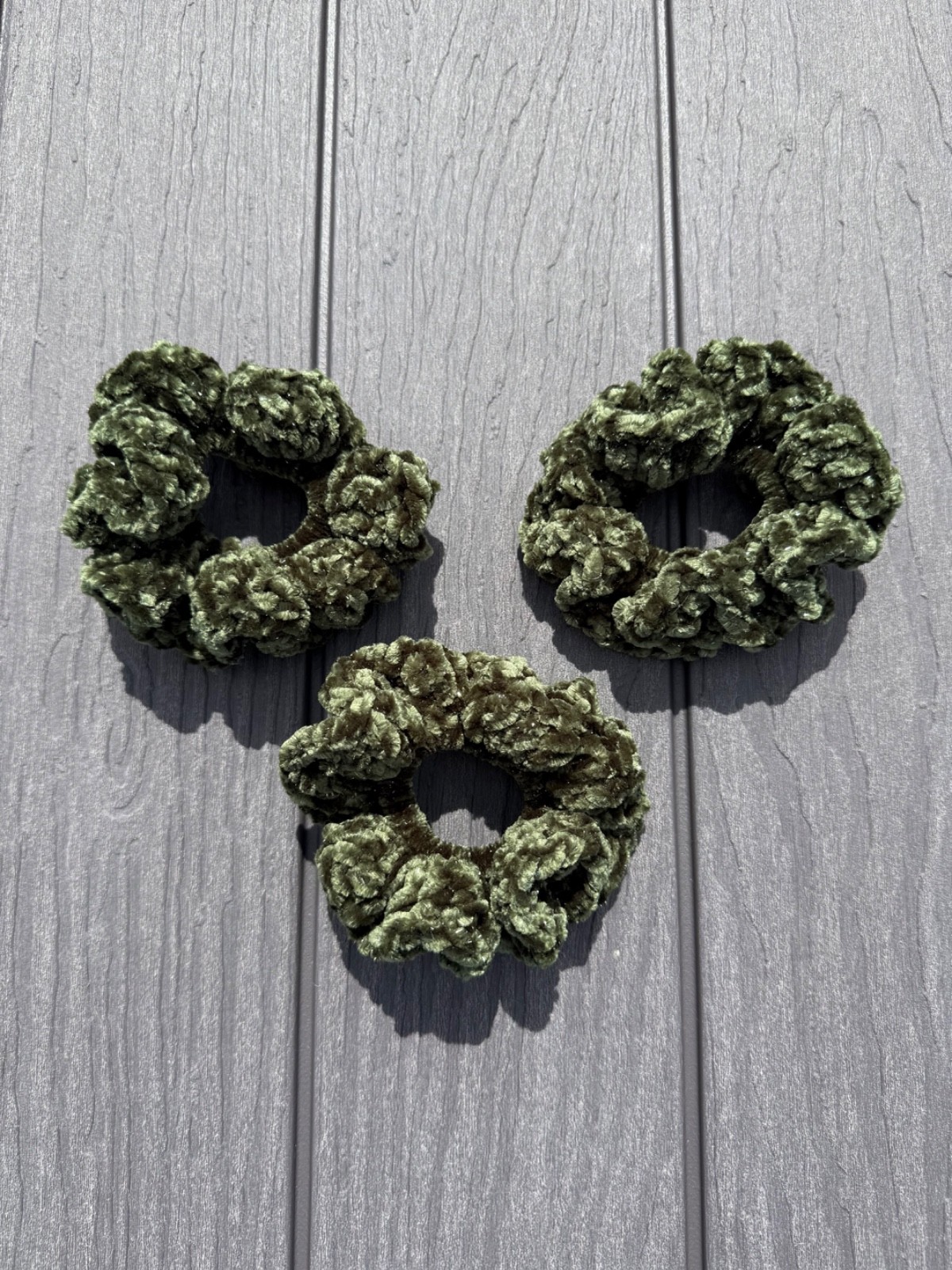 Handmade Crochet Scrunchies – Set of 3 Green Glitter Velvet Hair Ties – Gift Set