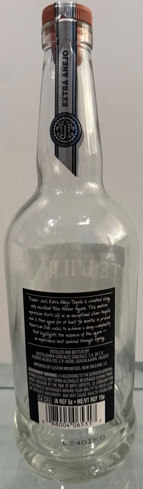 Tequila Trader Joe's Extra Anejo Empty Bottle