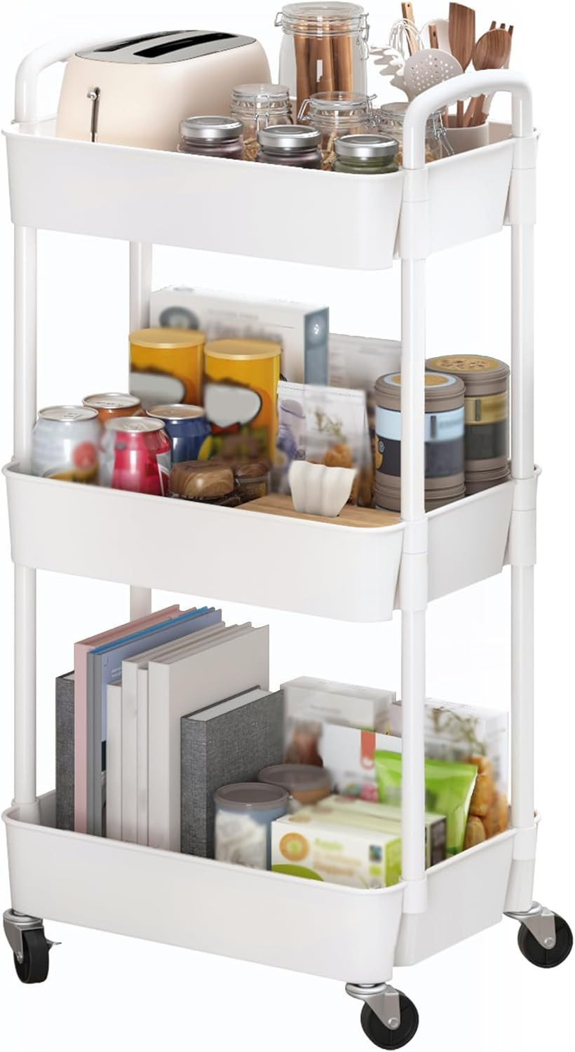 3-Tier Plastic Rolling Utility Cart with Handle, Multi-Functional Storage Trolle