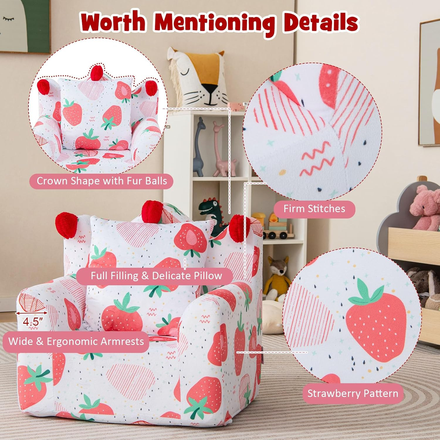 Toddler Couch, Crown Shaped Kids Chair W/Bonus Pillow, Comfy Kids Playroom Furni