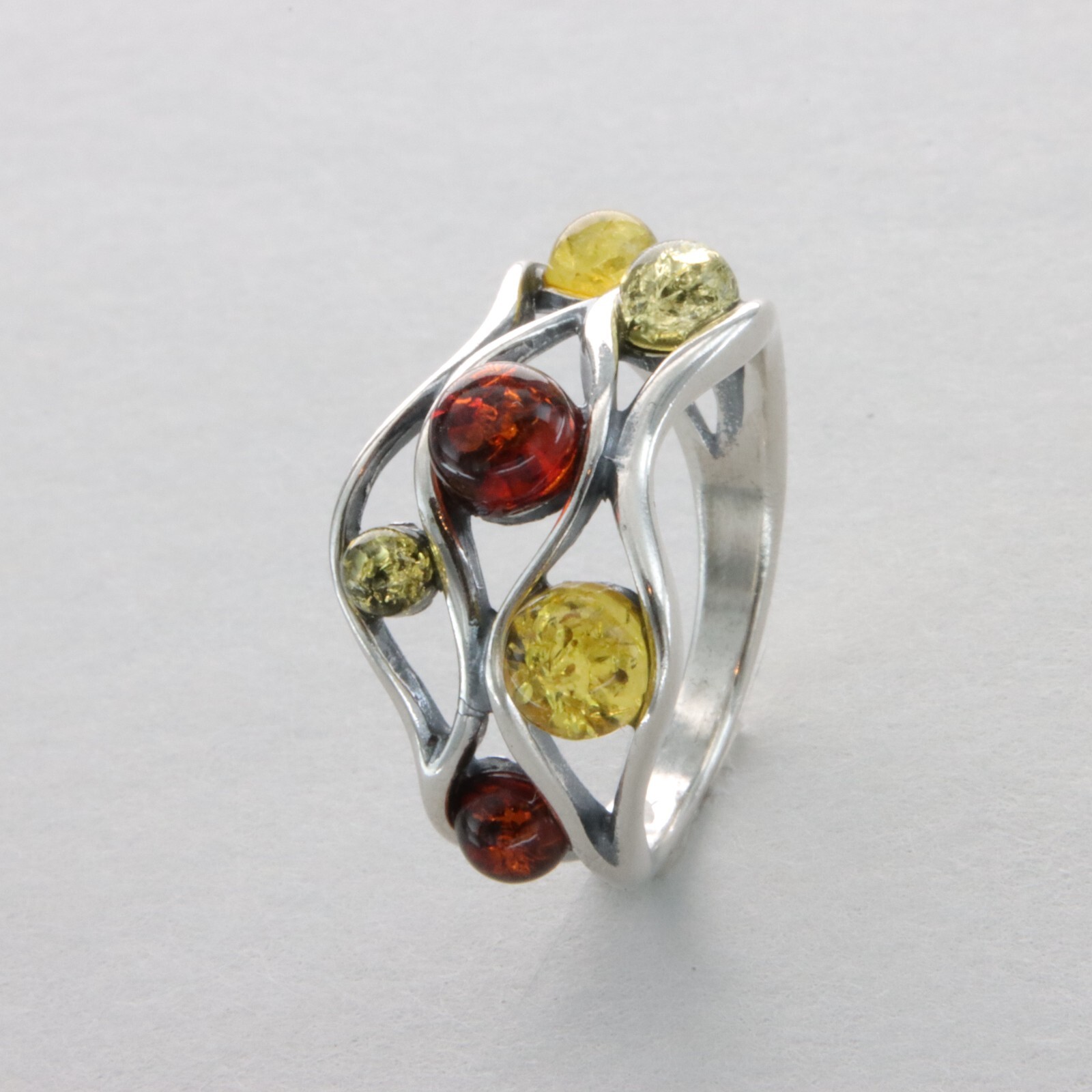 Round Multi-Color BALTIC AMBER Rectangle Ring - 925 STERLING SILVER Poland #87e