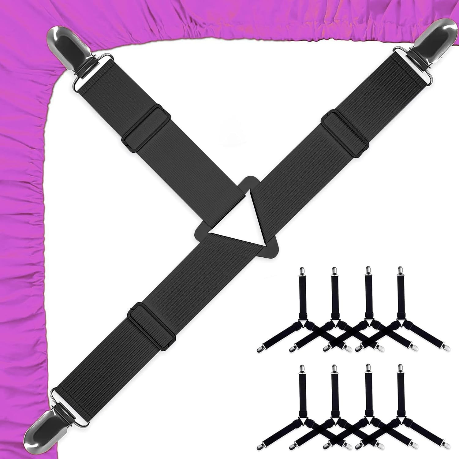 8 White Bed Sheet Holder Straps, Adjustable Straps Holders, Black