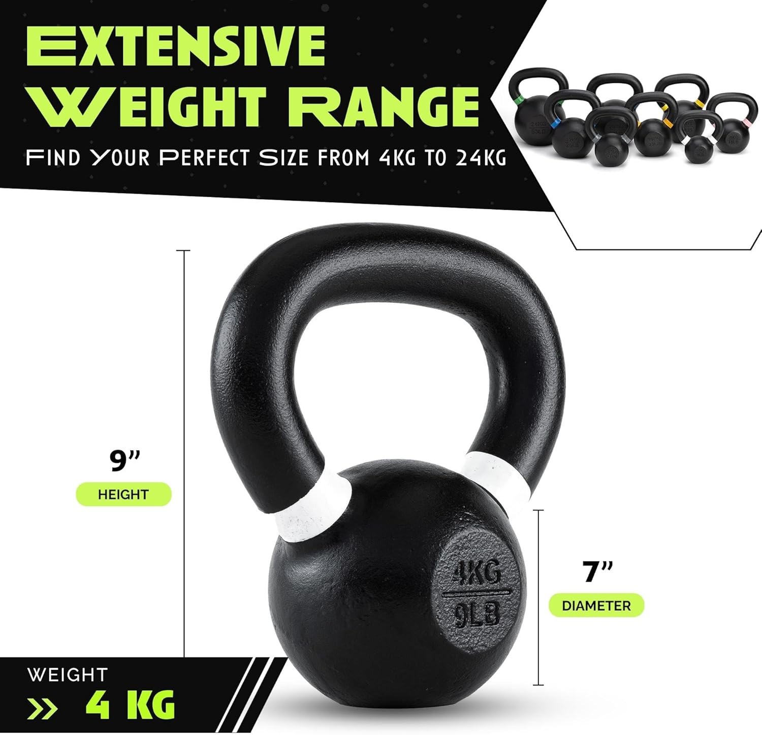 Single Cast Iron Kettlebell Powder Coated Wide Handle Weights Core & Glute