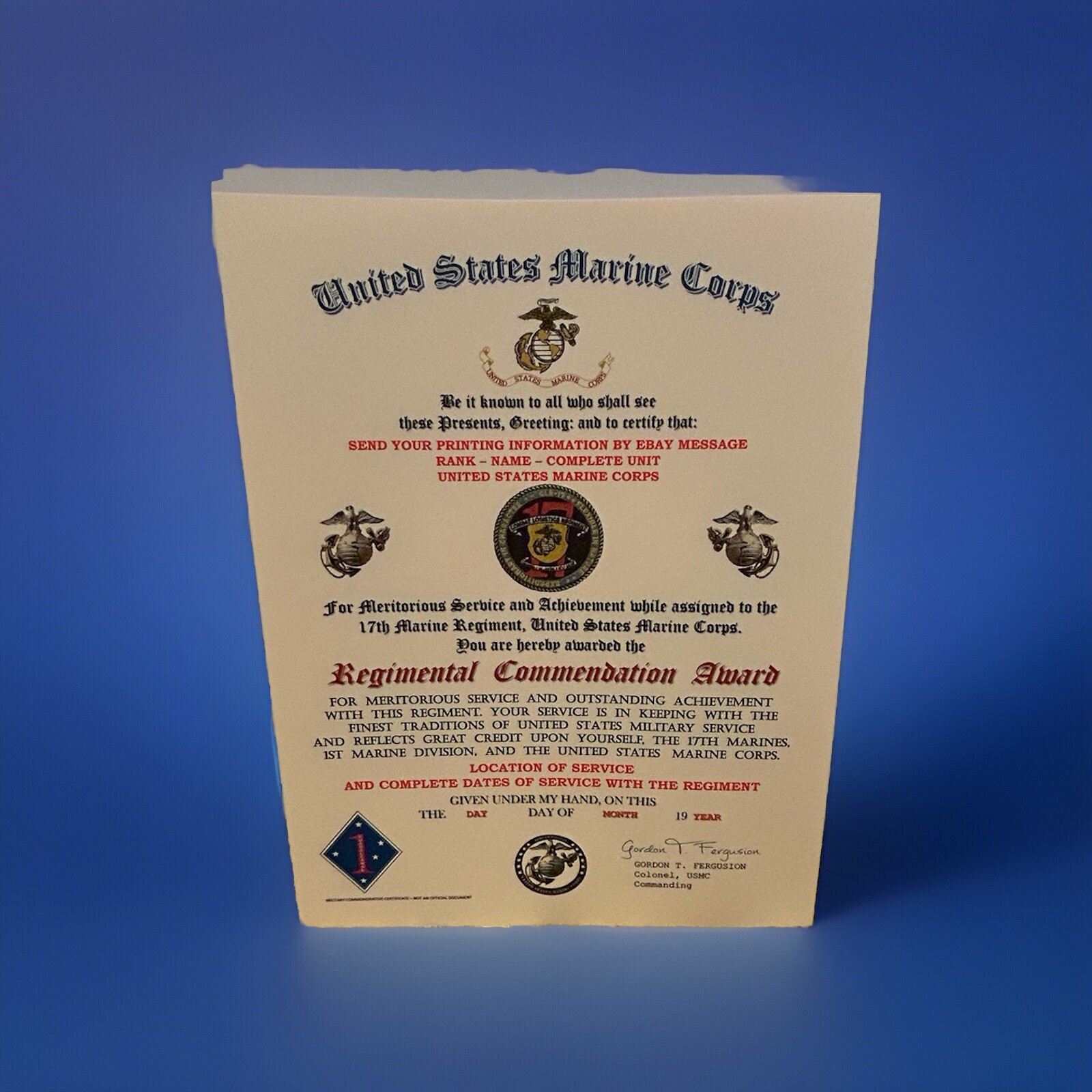 U.S.M.C. / 17TH MARINE REGIMENT - REGIMENTAL COMMENDATION AWARD CERTIFICATE