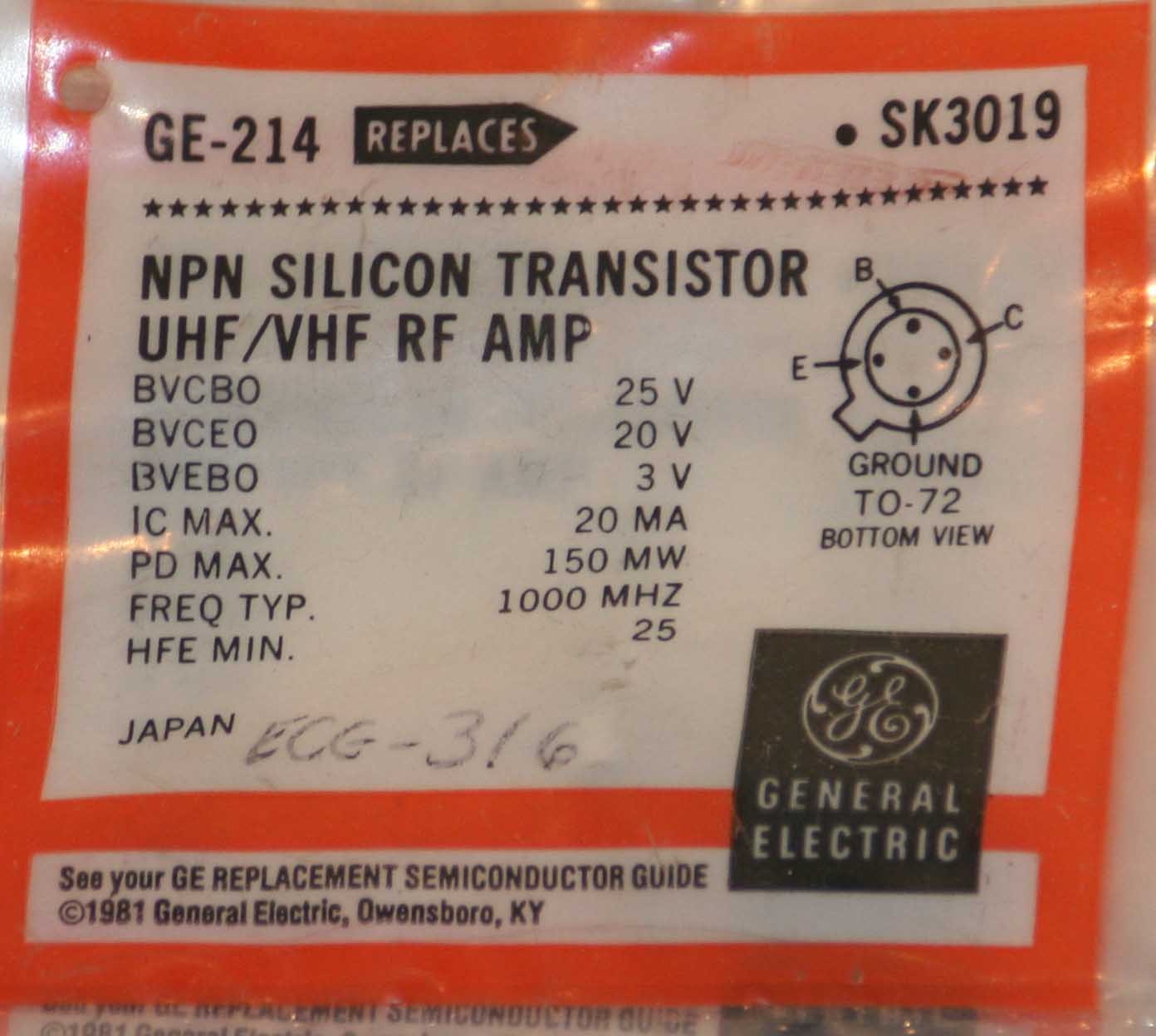 One (1) NOS GE-214 NPN Silicon Transistor