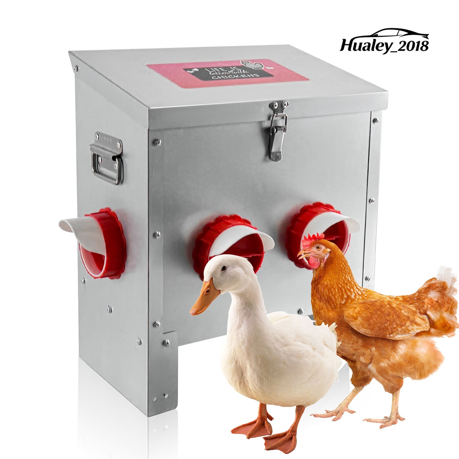 Chicken Coop Poultry Feeder, 25lb Extra Large Galvanized Metal 4 No-Waste Ports