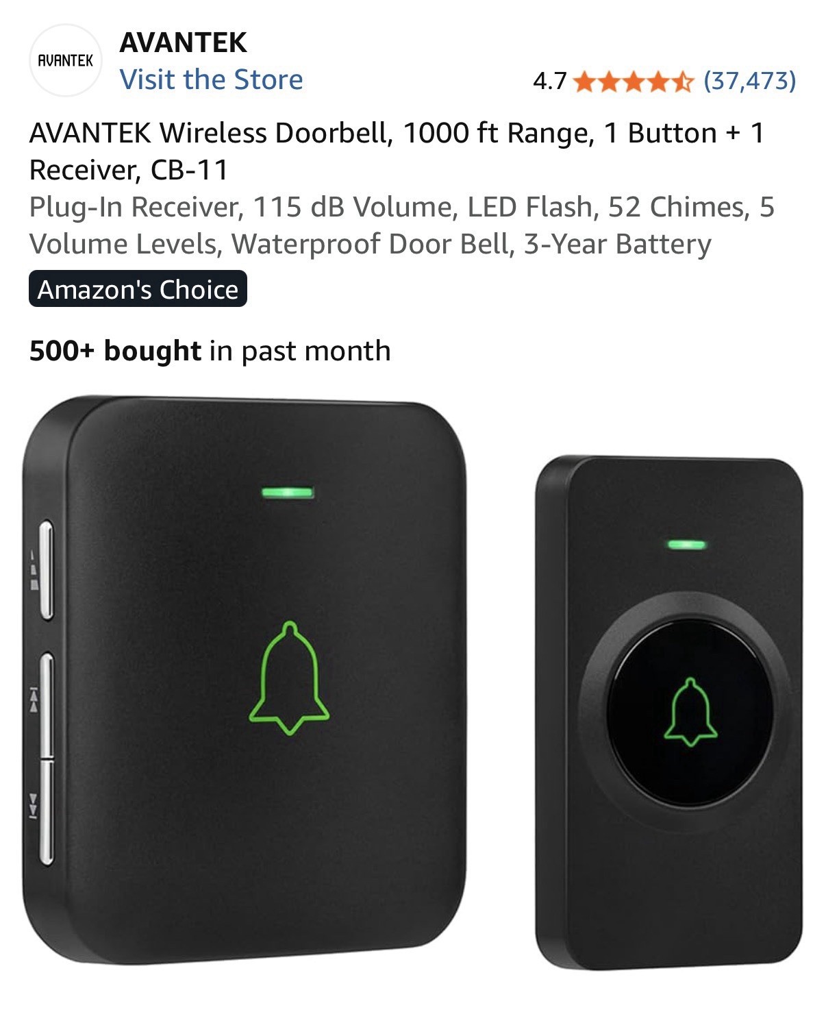 AVANTEK Wireless Doorbell, 1000 ft Range, 1 Button + 1 Receiver, CB-11 Plug-In