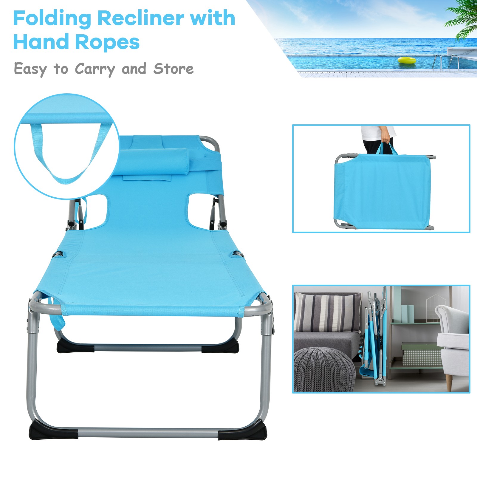 Costway Outdoor Beach Lounge Chair Folding Chaise Lounge with Pillow Turquoise