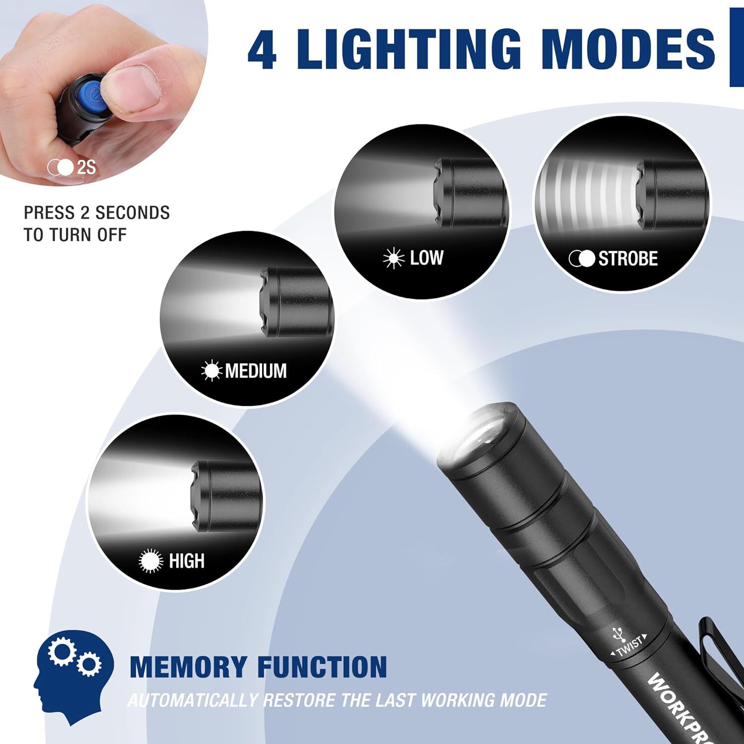 WORKPRO 2PCS Rechargeable Pen Light Mini Flashlight Ultra-Compact EDC Flashlight