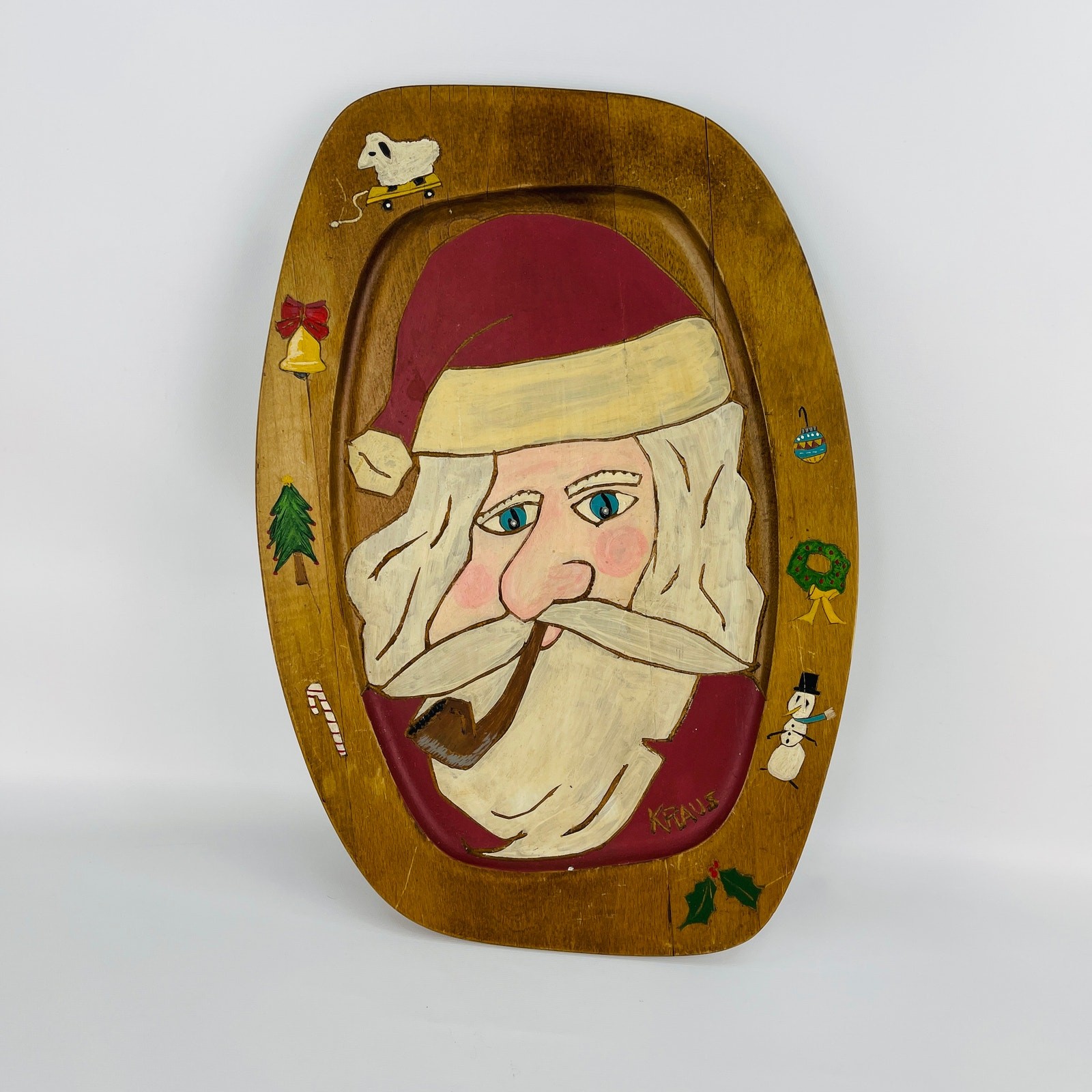 Hand Made Wood Santa Platter Wall Hanging Decor 13 1/2 x 10 7/8”